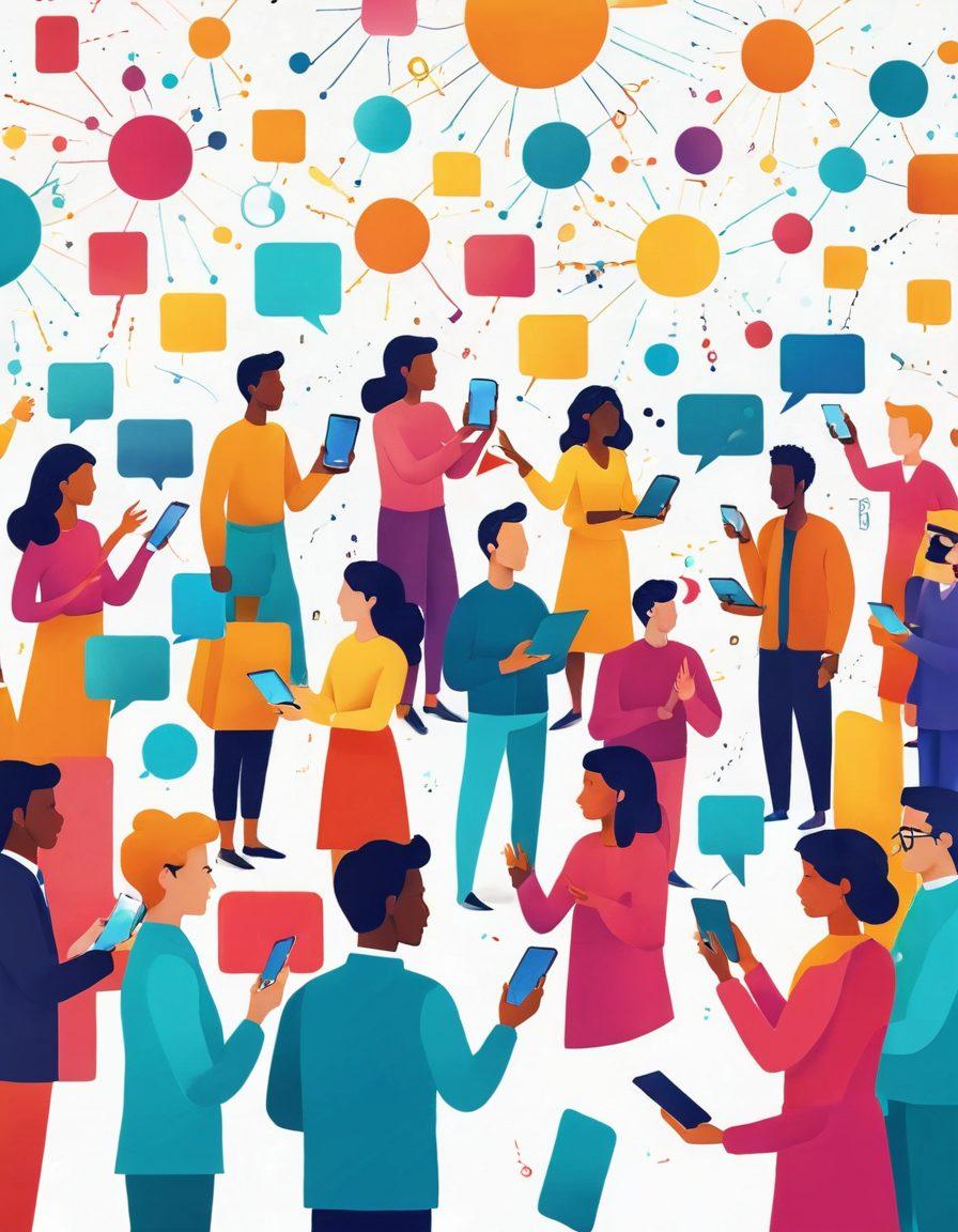A vibrant, whimsical scene depicting a diverse group of people joyfully interacting with colorful applications on their devices. Include dynamic software elements like floating icons and playful data visualizations around them, showcasing the concept of innovation and happiness. The background features bright colors and abstract shapes symbolizing creativity and technology. super-realistic. vibrant colors. white background.