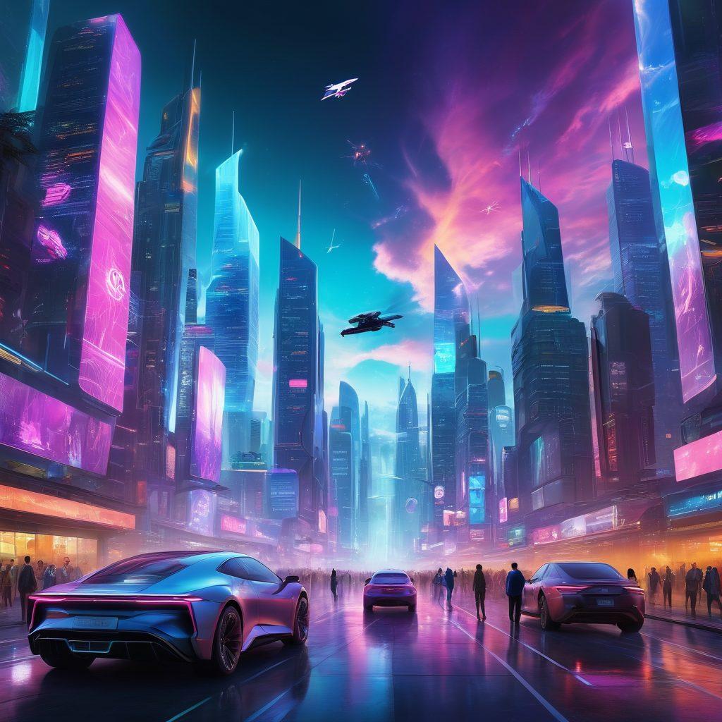 A futuristic city skyline reflecting innovation, featuring holographic displays and user-friendly app interfaces showcased in the sky. In the foreground, diverse people happily interacting with smart devices, illustrating seamless technology. Futuristic vehicles soaring above, with vibrant colors illuminating the scene. super-realistic. vibrant colors. cyberpunk.