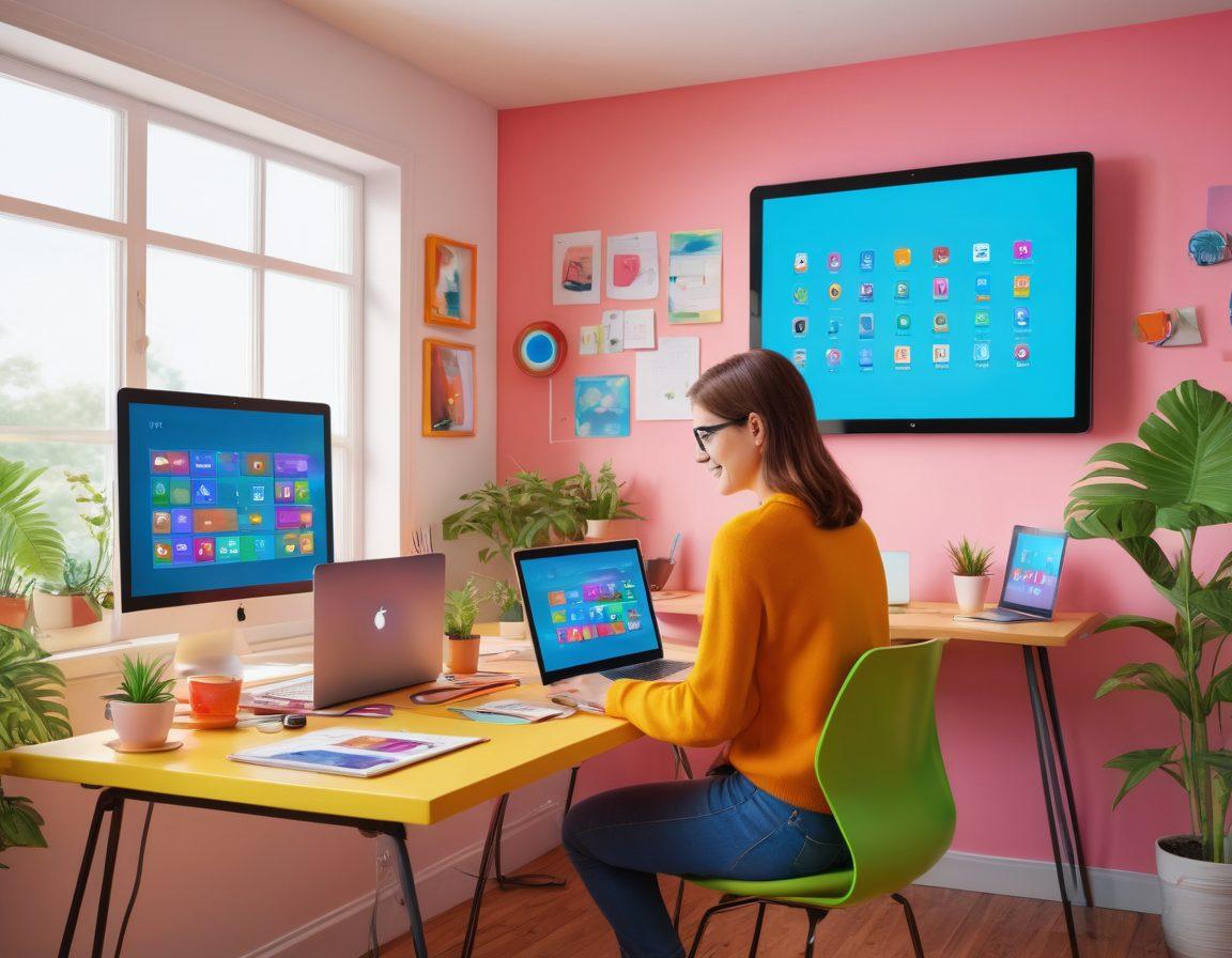 A whimsical scene showcasing a colorful workspace filled with innovative software tools, cheerful characters using laptops with bright screen visuals, floating icons representing joy and efficiency. The environment should have a modern, inviting feel, with hints of technology and creativity intertwined. super-realistic. vibrant colors. light background.